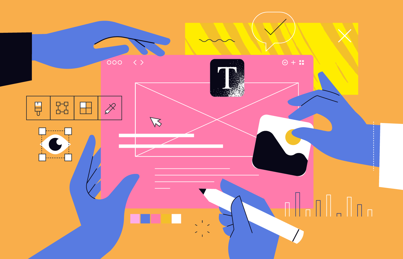 Illustrated hands collaboratively designing a website interface, arranging layout elements, typography, images, and color swatches within a digital design workspace.