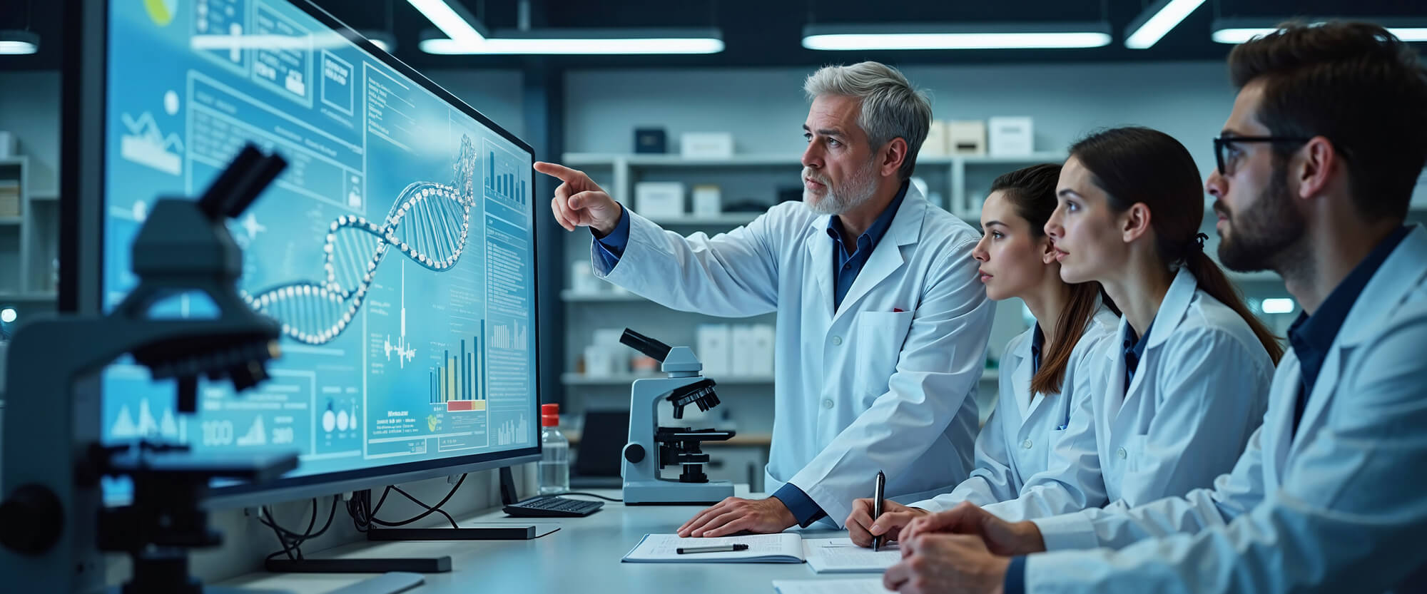 Diverse team of scientists collaborating in a biotech lab with DNA sequencing presentation